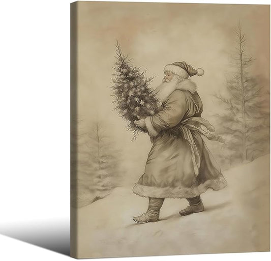 Santa Claus Sketch Poster Vintage Christmas Tree Wall Art 08x10 inch Framed Antique Winter Landscape Canvas Pictures Cozy Holiday Wall Decor