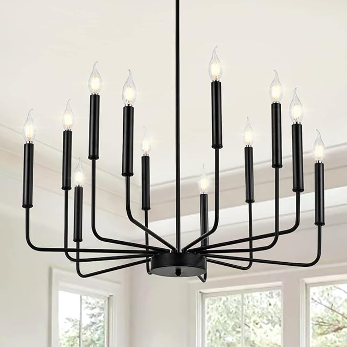 Modern Farmhouse Black Chandelier, 12-Light Rustic Candle Chandelier, Industrial Hanging Chandeliers for Dining Room, Living Room, Kitchen, Foyer, Entryway