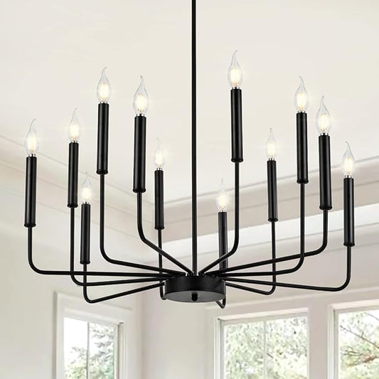 Modern Farmhouse Black Chandelier, 12-Light Rustic Candle Chandelier, Industrial Hanging Chandeliers for Dining Room, Living Room, Kitchen, Foyer, Entryway