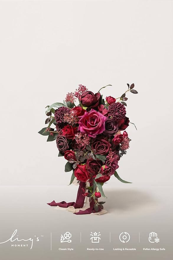 Ling's moment Red Bridal Bouquet Cascading, Burgundy Wedding Bouquets for Bride, 13 Inch Bride Bouquets for Wedding Artificial Flowers Bouquets