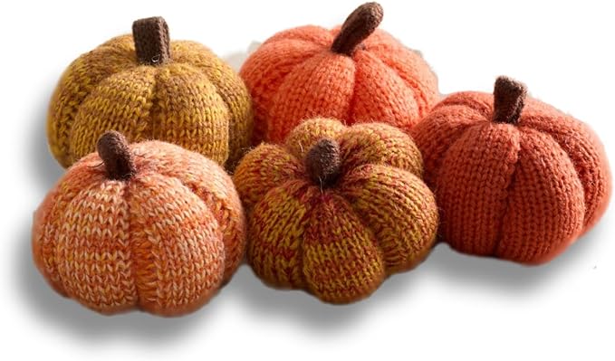 Your Heart's Content Set of 5 Cozy Mini Knit Pumpkins Classic Autumn Orange Gold Rust, Table top Bowl Filler, Kitchen Tiered Tray for Gift, Gift for Hostess (Sunset 2.5 Inch Set)