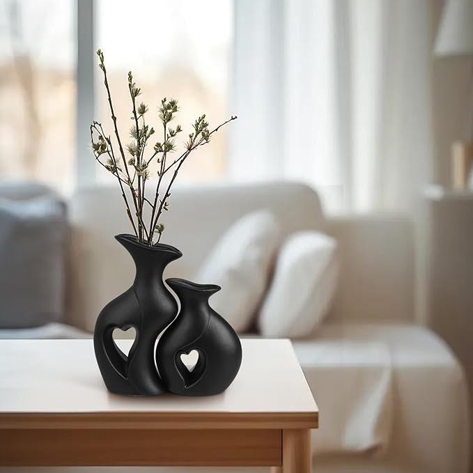 Heart Ceramic Vase Set of 2, Black Flower Vases for Lovers, Modern Minimalist Vases for Home Decor or Gift