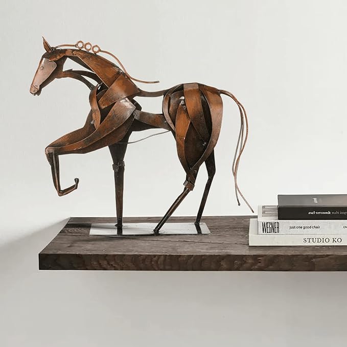 Metal Horse Statue Decor, Handmade Strong Modern Horse Sculpture Handicraft, Rustic Metal Statue Decorations Gift for Home Office Desk Figurine (Brown)