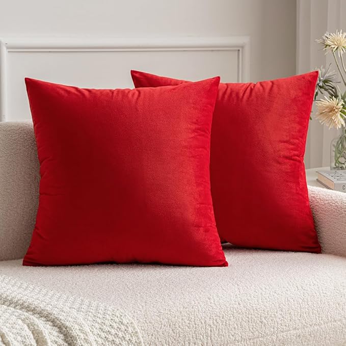 MIULEE 26x26 Inch Euro Sham Velvet Pillow Covers, Set of 2 Large Square Christmas Decorative Pillows -Bright Red Super Soft for King Bed, Sofa, Couch, Accent Chairs