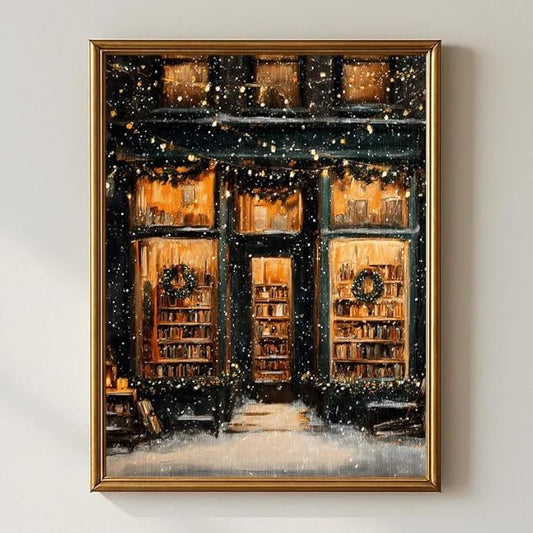 Vintage Christmas Wall Art, Cozy Bookstore Front with Wreaths and Snowy Street, Classic Holiday Winter, Warm Lights Winter Bookshop Painting, Festive Seasonal Christmas Decor (Unframed) (12x18)
