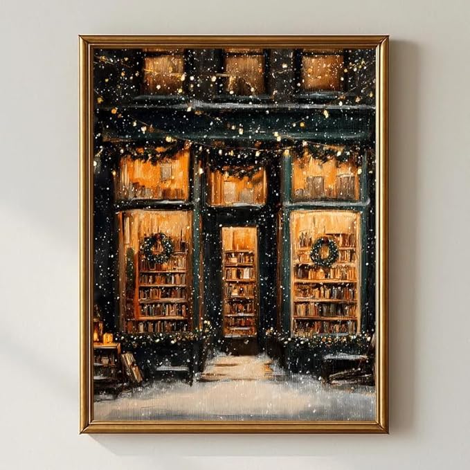 OZCONO Vintage Christmas Wall Art, Cozy Bookstore Front with Wreaths and Snowy Street, Classic Holiday Winter, Warm Lights Winter Bookshop Painting, Festive Seasonal Christmas Decor (Unframed) (9x11)