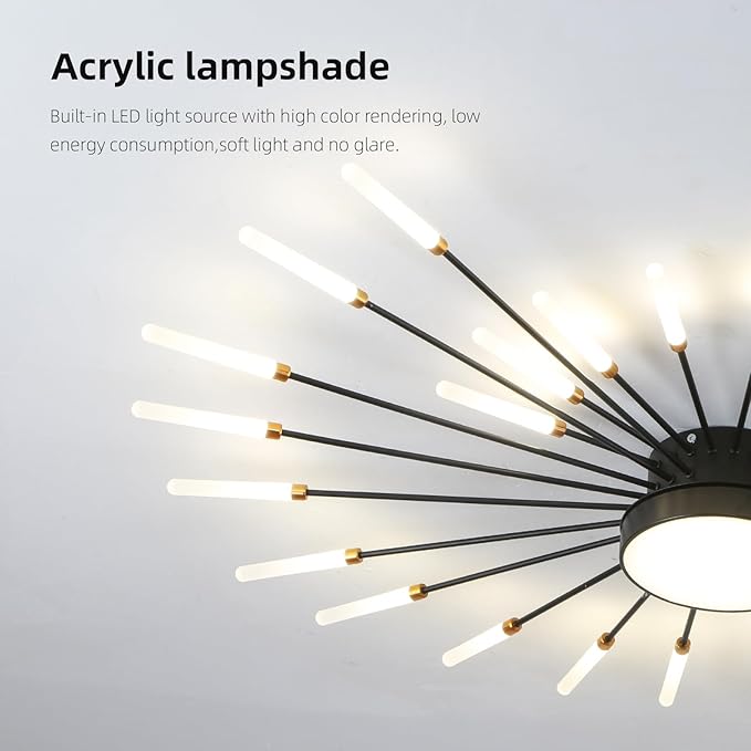 JAYMP Ceiling Light Modern Flower Shape Ceiling Lamp for Living Room Dining Room Flush Mount Metal Acrylic Sputnik Firework Petal LED Lighting Fixture (Matte Black, 28+1 Lights)