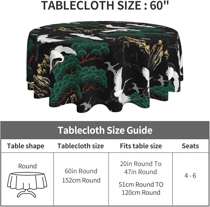 Japanese Tablecloth, Traditional Oriental Crane Vintage Chinese Landscape Luxury Farmhouse Water Resisitant Table Cover for Dining Kitchen Living Room Home Party Holiday Decor 70 inch Round