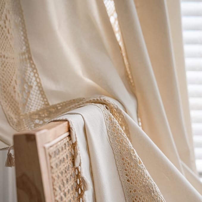 Sutuo Home Boho Curtain Crochet Lace Patchwork Semi-Blackout Bohemian Handmade Tassels, Rod Pocket Window Treatment Vintage Rustic Farmhouse Drapes for Living Bedroom, 1 Panel 59" W x 63" L, Beige