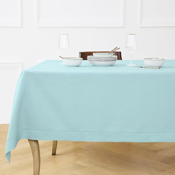 Solino Home Linen Tablecloth for Rectangle Tables 60 x 120 Inch - Classic Hemstitch 100% Pure Linen Aqua Blue Table Cloth - Machine Washable Cloth Tablecloth for Christmas, Holiday