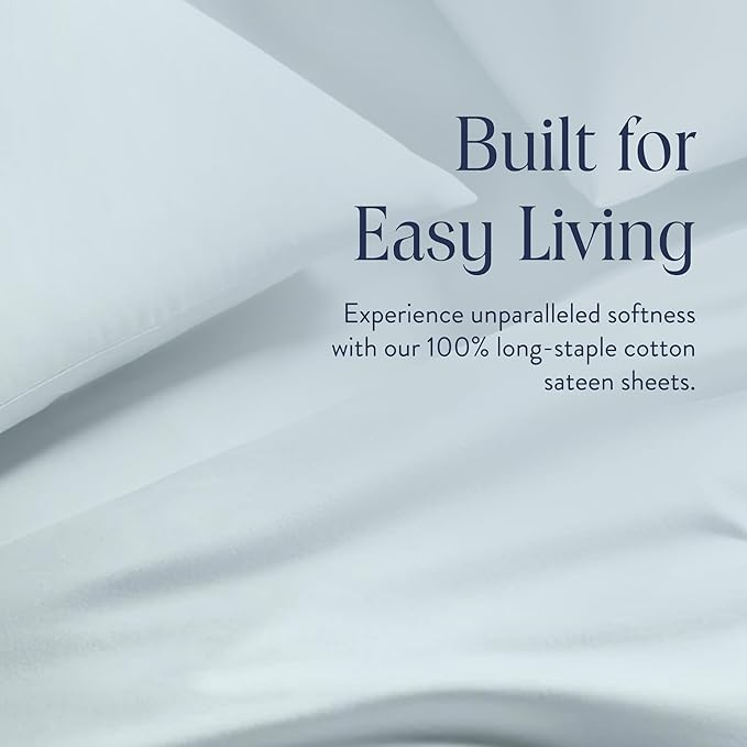 Brooklinen Luxury Sateen 4 Piece Sheet Set - 100% Cotton Bed Sheets, Soft & Durable King Size Sheets Set in Sky, Oeko-TEX Certified Bedding Set, 1 Fitted Sheet, 1 Flat Sheet, 2 Pillowcases