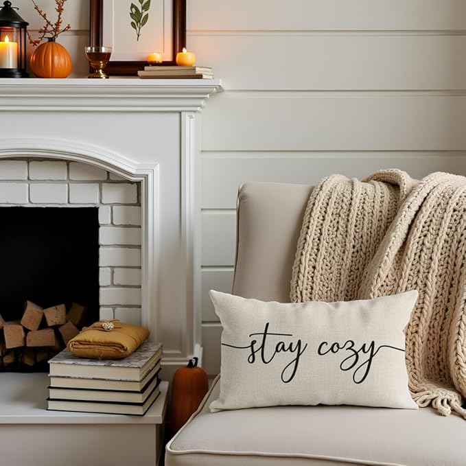 PANDICORN Throw Pillow Cover 12x20 Inch Cream, Stay Cozy Decorative Lumbar Cushion Case for Couch Sofa Bed, Neutral Farmhouse Home Decor for Living Room or Entryway Bench Decoration