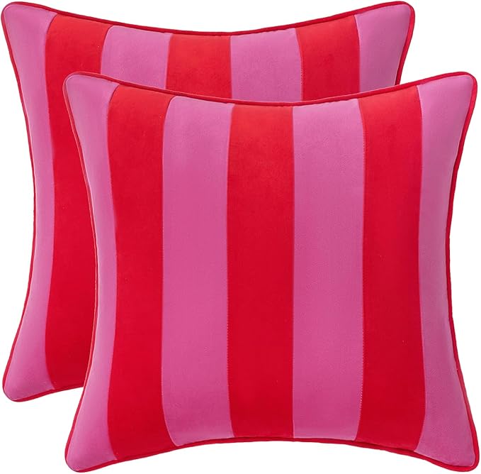 MONDAY MOOSE Decorative Throw Pillow Covers Cushion Cases, Set of 2 Soft Velvet Striped Piping Edge Designs, Pillow Inserts Not Included (Hot Pink/Red, 22x22 inch)