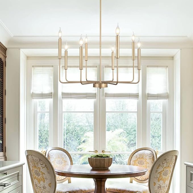 Modern Farmhouse Gold Chandelier, 8-Light Rustic Candle Chandelier, Industrial Hanging Chandeliers for Dining Room, Kitchen, Foyer, Entryway, Living Room