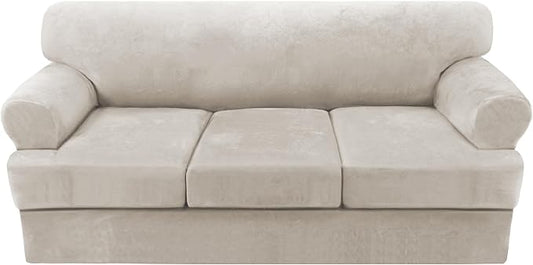 H.VERSAILTEX Sofa Cover 4 Piece T Cushion Sofa Slipcovers Thick Velvet Couch Cover Stretch T Cushion Sofa Covers for 3 Cushion Couch with 3 Individual T Cushion Covers, French Oak
