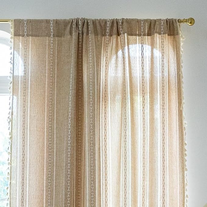 Sutuo Home Boho Curtains for Bedroom Living Room 63 Inch Length, Light Filtering French Country Farmhouse Vintage Shabby Chic Tassels Hollow Window Treatment Bohemian Drape 1 Panel 52"W x 63"L Natural