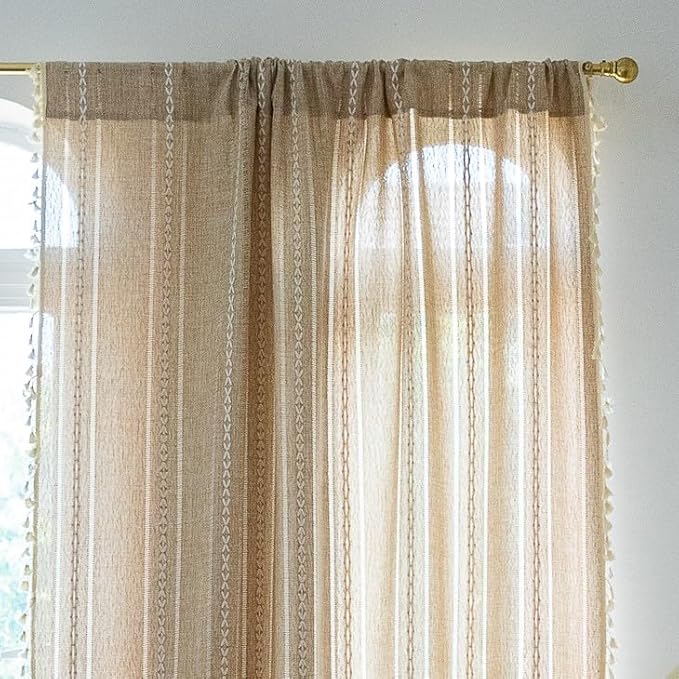 Sutuo Home Boho Curtain for Bedroom Living Room 84 Inches Length, Light Filtering French Country Farmhouse Vintage Chic Tassels Hollow Window Treatment Bohemian Drape, 1 Panel 52" W x 84" L Natural