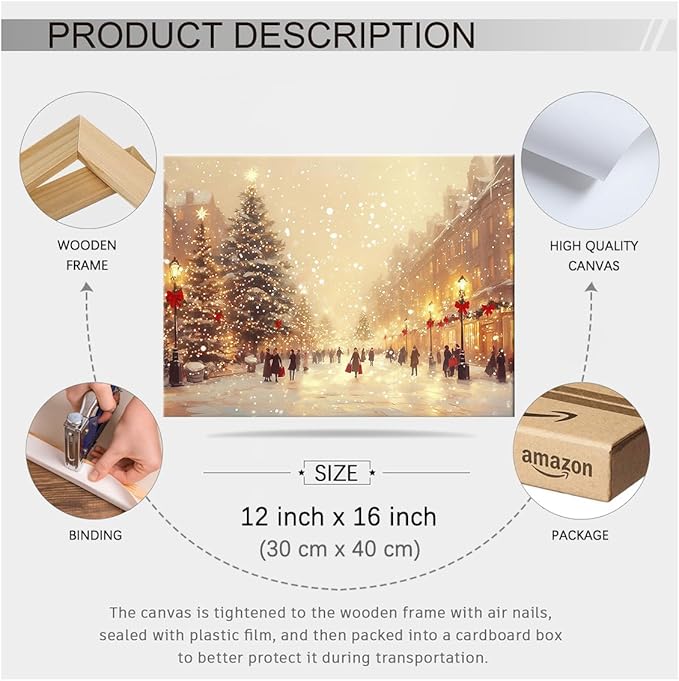 Winter Christmas Landscape Wall Art Fashion Snowscape Poster Vintage Cozy Scenic Canvas Prints 12x16 inch Framed for Living Room Office Wall Decor