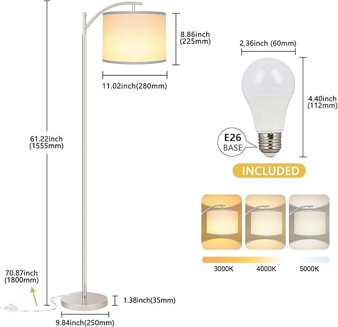 Rottogoon Floor Lamp for Living Room, LED Standing Lamp with 2 Lamp Shades for Bedroom, 9W LED Bulb Included - Silver