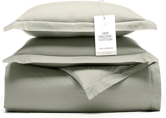 BOLL & BRANCH Signature Hemmed Duvet Set - King/Cal King, Sageleaf - Luxury 100% Organic Cotton - 1 Duvet Cover, 2 Shams - Buttery Soft, Hidden Closures