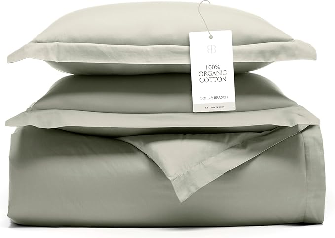 BOLL & BRANCH Signature Hemmed Duvet Set - Full/Queen, Sageleaf - Luxury 100% Organic Cotton - 1 Duvet Cover, 2 Shams - Buttery Soft, Hidden Closures