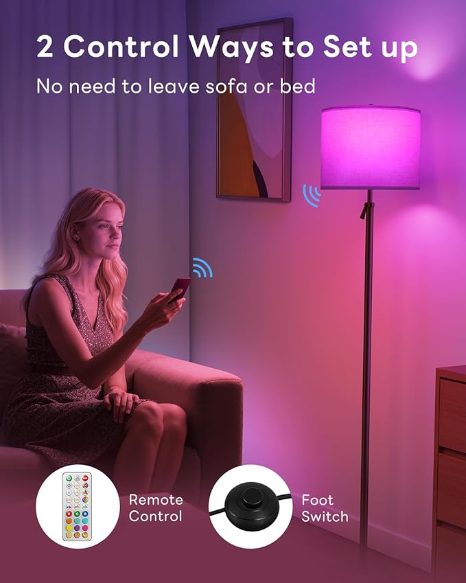 Floor Lamp for Living Room with RGBCW Color Changing Bulbs Dimmable, Adjustable Height Standing Lamp with Remote Control, 10W 1200 Lumen, Tall Lamp for Living Room, Bedroom, Office