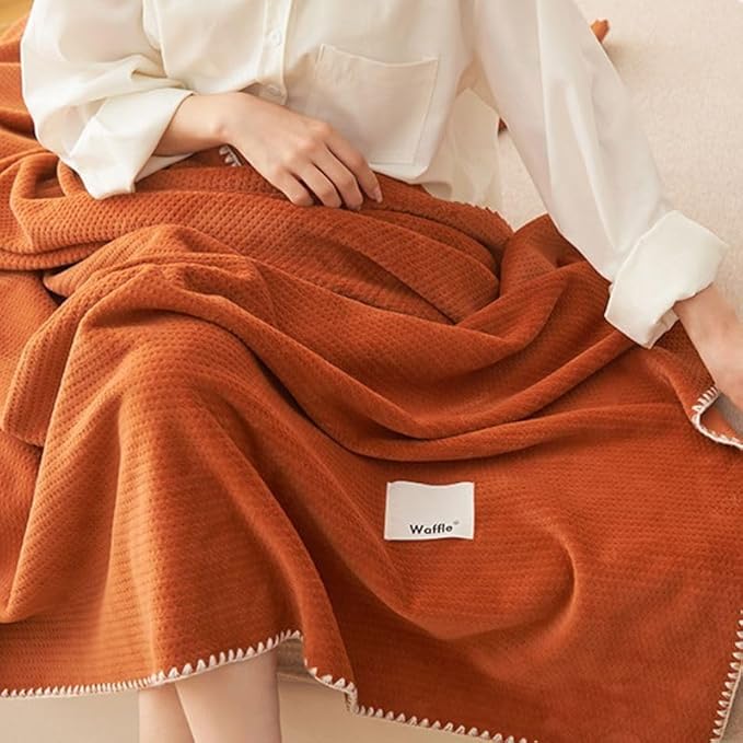 Luxury Softness Cozy Milk Flannel Velvet Waffle Weave Blanket, Pet Cat Feel, Nordic Modern Aetec Style, Lightweight Warm Plush Bed Twin Blanket Couch Sofa Travel Picnics, Burnt Orange 60"x80"