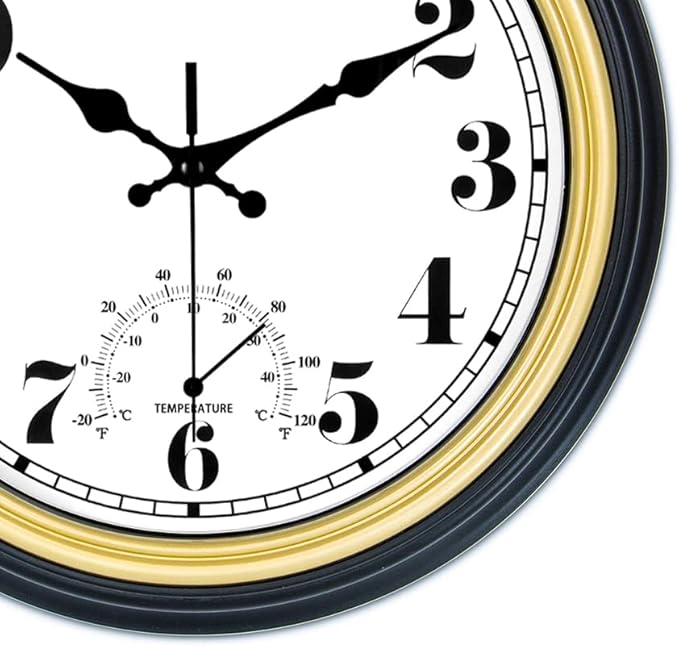 45MinST 12 Inch Indoor/Outdoor Retro Round Waterproof Wall Clock with Thermometer, Silent Non Ticking Battery Operated Quality Quartz Wall Clock Home/Patio Decor