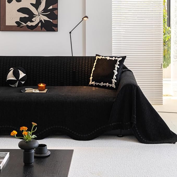 ROOMLIFE Black Sofa Cover, Vintage Boho Couch Cover for 3 Cushion Sofa, Non Slip Soft Chenille Sofa Slipcovers for Dog, Washable Furniture Sofa Protector Cover with Tassel for Living Room, 71''X150”