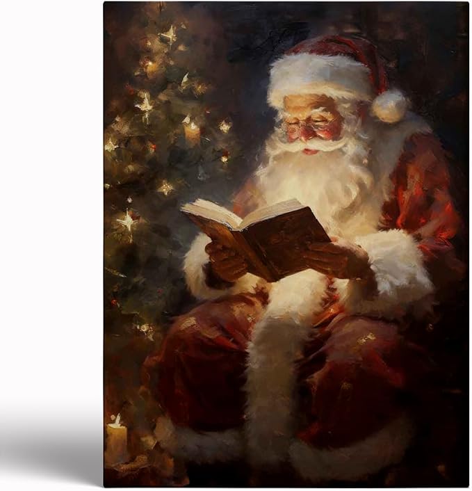 Vintage Christmas Santa Reading Book Wall Art Print,Santa Reading the Bible Oil Painting,Christmas Cottagecore Decor,Dark Academia,Winter Print