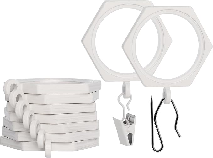 BlastHome® Luxury Curtain Rings - Premium Metal with Quiet, Smooth Nylon Inserts - Pinhooks and Clips Included - 1 1/2" Inside Diameter - 9 Rings for One Standard Curtain - Brushed White