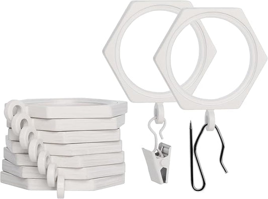 BlastHome® Luxury Curtain Rings - Premium Metal with Quiet, Smooth Nylon Inserts - Pinhooks and Clips Included - 1 1/2" Inside Diameter - 9 Rings for One Standard Curtain - Brushed White