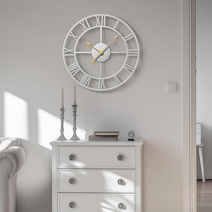 Cuspin 16 inch Wall Clock Silver, Modern Decorative Metal Clock Silent Non Ticking, Battery-Operated Round Clock Roman Numeral Analog for Living Room, Kitchen, Bedroom, Office, Home Decor