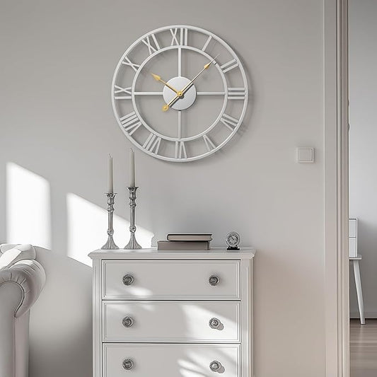 Cuspin 16 inch Wall Clock Silver, Modern Decorative Metal Clock Silent Non Ticking, Battery-Operated Round Clock Roman Numeral Analog for Living Room, Kitchen, Bedroom, Office, Home Decor