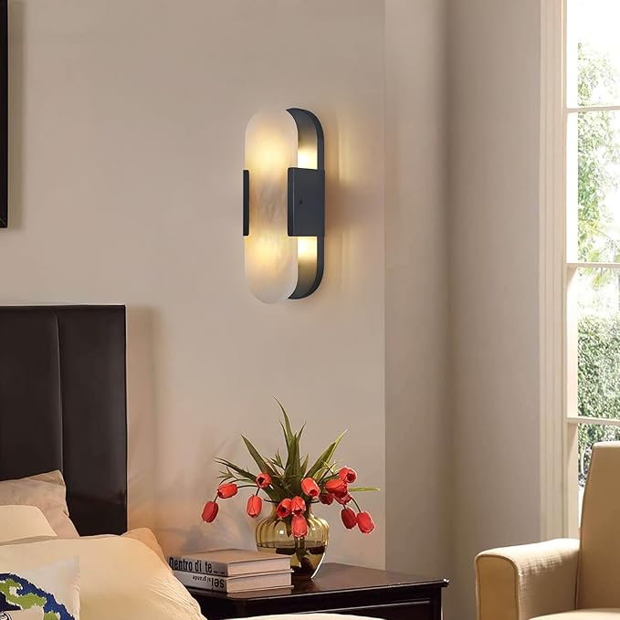 13.8 inch Matte Black Alabaster Sconces,Indoor Marble Wall Sconces, Alabaster Sconce for Living Room Modern Alabaster Sconces Wall Lighting for Bathroom Dining Room, Stairs, Bedroom