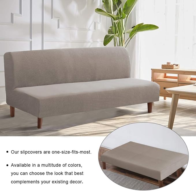 Flamingo P Stretch Armless Futon Cover - Full Queen Couch Slipcover, Sofa Bed Protector With Elastic Bottom - Soft Thick Jacquard, Taupe