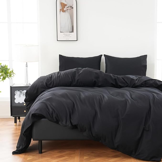 100% Organic Cotton Duvet Cover King 400 Thread Count Sateen Comforter Cover Soft and Breathable Cooling Bedding Set 3 Piece（Black,King）