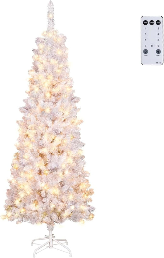 NALONE 4FT White Pre-Lit Christmas Tree with Remote Control and Timer, Pencil Artificial Hinged Slim Tree with Warm White/Multi-Color Lights, 9 Lighting Modes