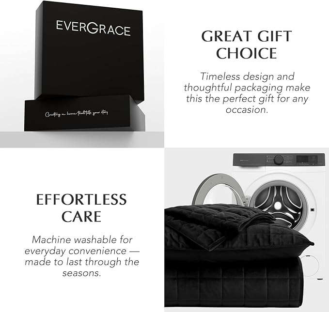EVERGRACE Pearl Velvet Quilt King Size Bedding Sets, Luxurious Soft Velvet Comforter Set, Lightweight Box Stitching Oversized Bedspread Coverlet for All Season, with 2 Shams, Black