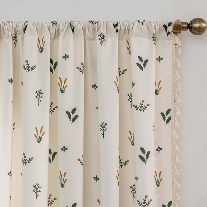 F-CHU Country Floral Curtains 72 Inch Length Cotton Linen Boho Window Curtain with Tassel Rod Pocket Bedroom Macrame Drapes Flower Curtains, 2 Panel 55" W x 72" L Curtains