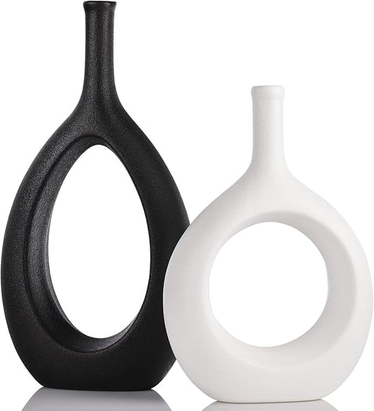 Black White Ceramic Vase Set 2,Modern Hollow Circle with Hole Flower Vase for Home Decor,for Table Centerpieces,Farmhouse,Fire Place,Living Room,Bedroom,Office,Bookshelf,Rustic Decor