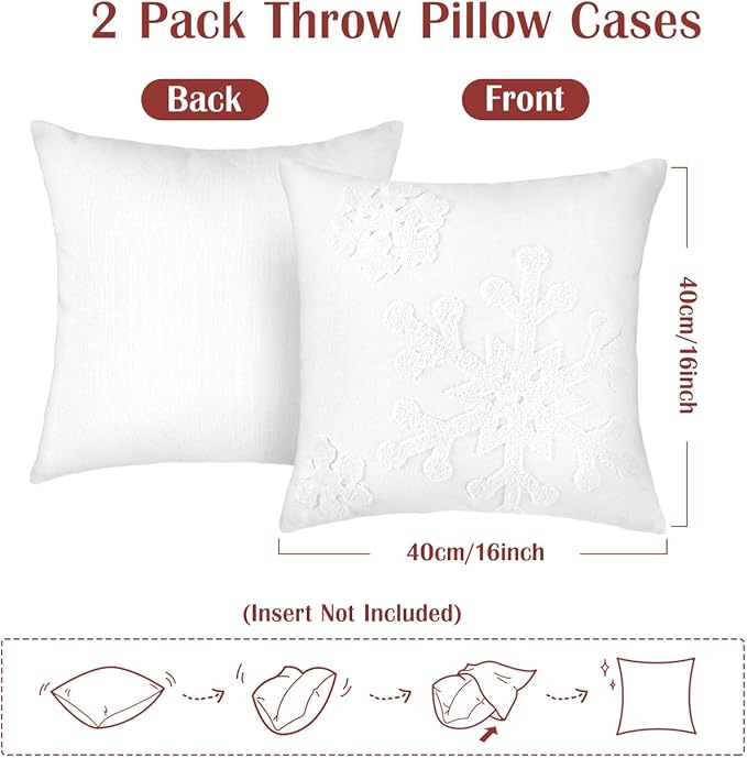 Lewondr Christmas Throw Pillow Cover, 2 Pack Snowflake Embroidery Decorative Throw Pillow Case Linen Sofa Cushion Cover for Party Thanksgiving Day Xmas Decor 16"x16"(40x40cm) - White
