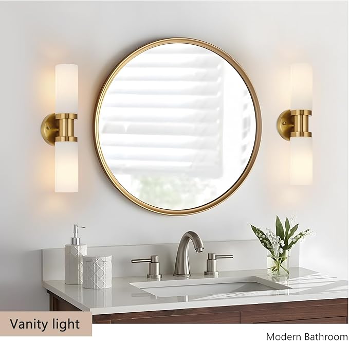 Brushed Gold Wall Sconces, 17.5 inch Modern Wall Sconces Lighting with Milk White Glass Shade, Gold Vanity Light Wall Lamp for Mirror Bathroom Kitchen Living Room