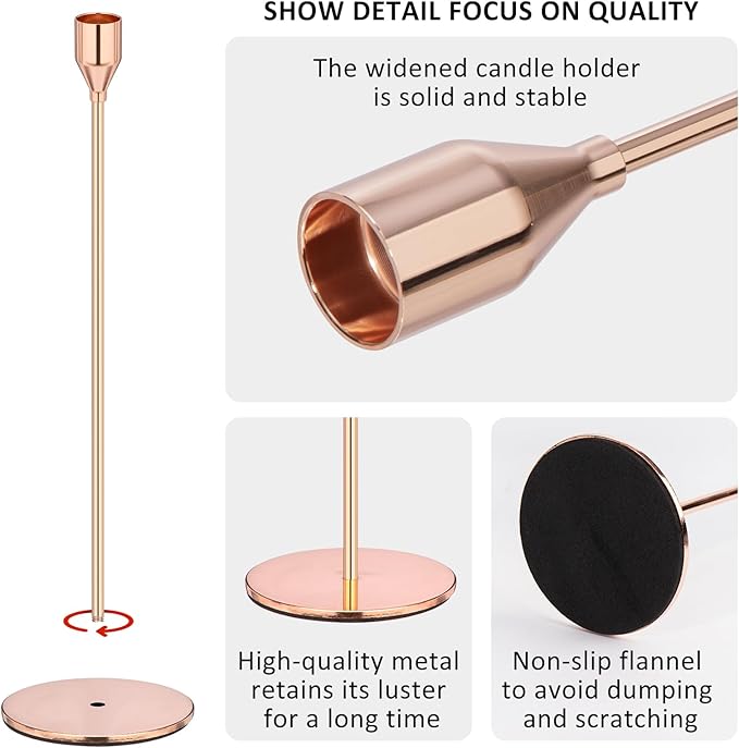 Rose Gold Taper Candle Holders, Candlestick Holders, Candle Holders with 3 in 1 Candle Accessory Set, Metal Candle Stand for Mantle Table Centerpiece, Weddings, Dining, Housewarming(Set of 6)