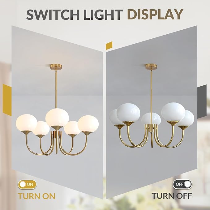 BOKT 5 Light Contemporary Milk White Glass Globe Chandelier Vintage Gold Sputnik Chandelier Light Fixture Adjustable Large Modern Brushed Brass Ball Sputnik Pendant Hanging Light Kitchen Island