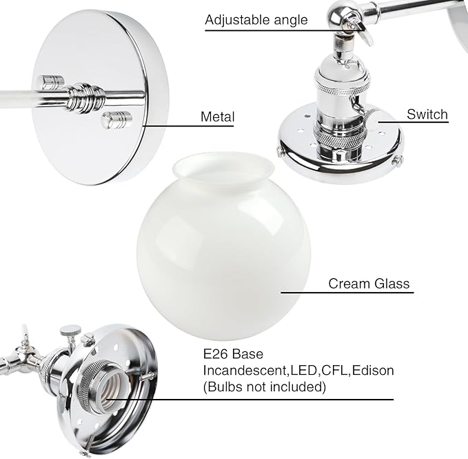 PERMO Vintage Industrial Wall Sconce Lighting Fixture with Mini 5.9" Round Globe Milk White Glass Hand Blown Shade Chrome Sconce