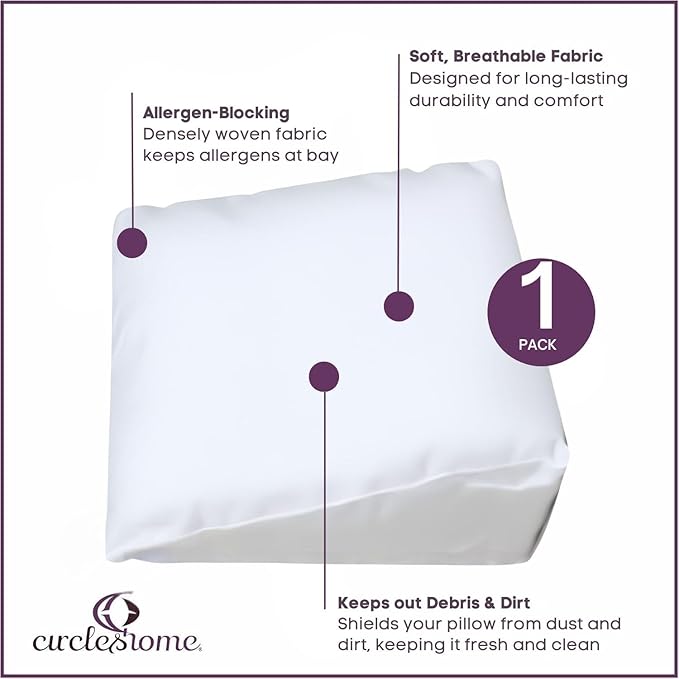 CirclesHome Wedge Pillow Cover 100% Cotton, Zippered Wedge Pillow Case Protector, Soft, Hypoallergenic & Breathable - White, (24Wx25Lx12)