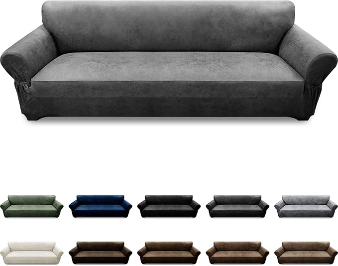 Oversized Sofa Slipcover Leather Look Couch Cover for 4 Seater Sofa 1-Piece Sofa Cover Stretch Furniture Protector with Elastic Bottom & Pockets(XL Sofa, Grey)