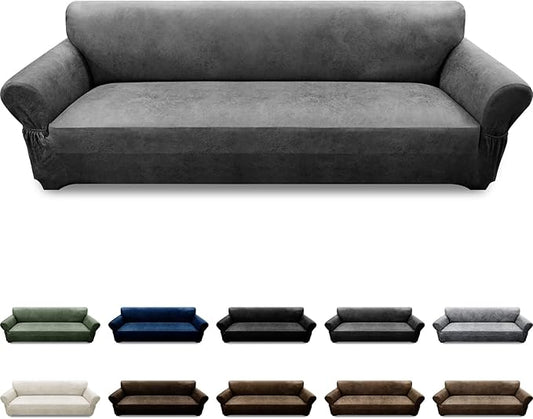 Oversized Sofa Slipcover Leather Look Couch Cover for 4 Seater Sofa 1-Piece Sofa Cover Stretch Furniture Protector with Elastic Bottom & Pockets(XL Sofa, Grey)