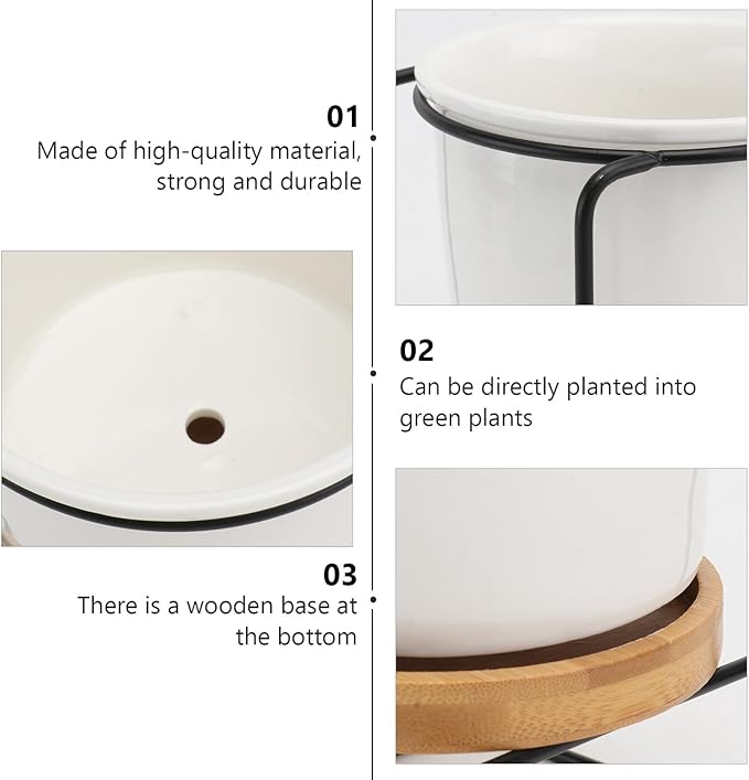 Iron Art Flower Pot Stand with Ceramic Desktop Vase Modern Chic Oval Black Planter for Home Decor Practical Flower Arrangement Container Ornament